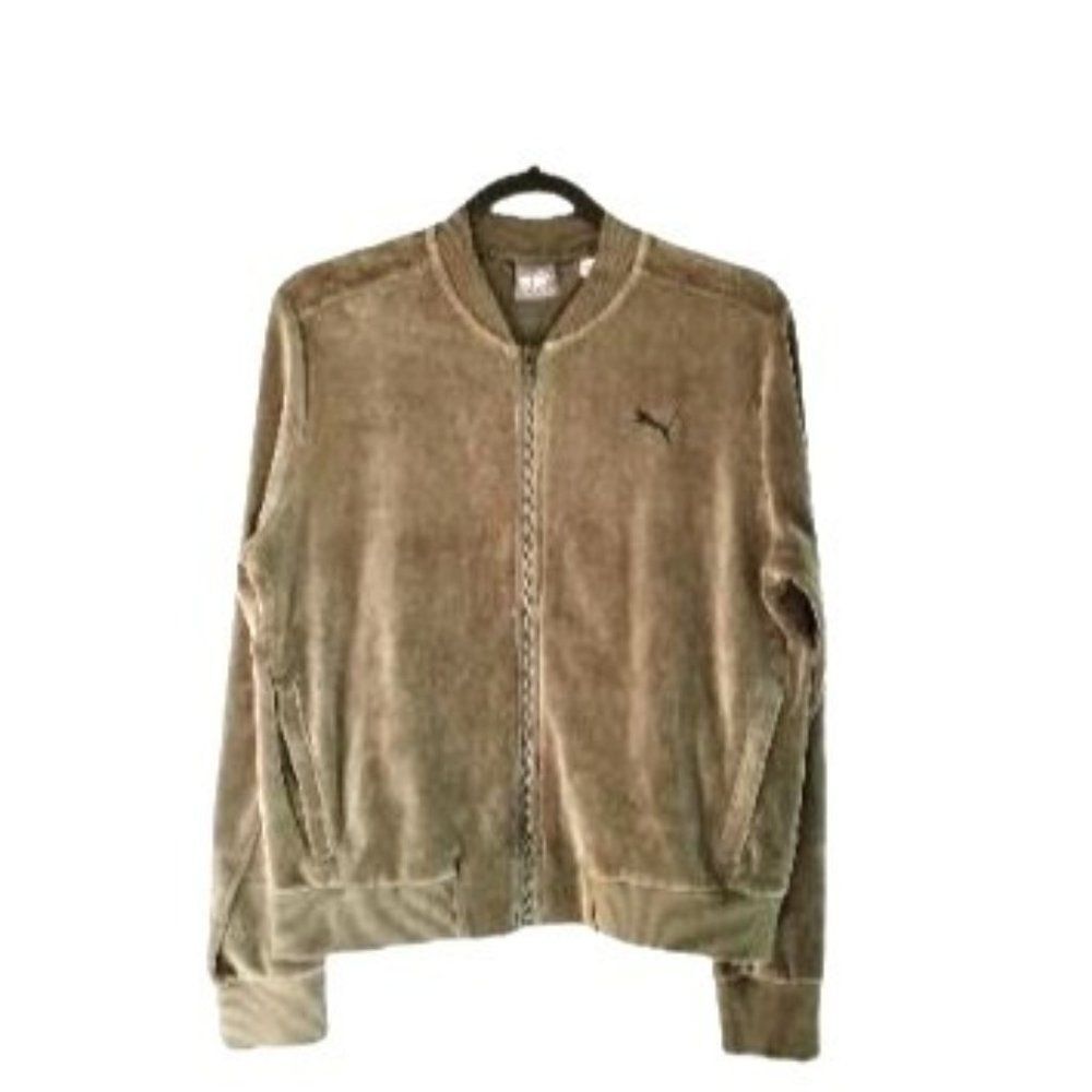 Puma Womens Jacket Green L Velour Full Zip  Track Logo